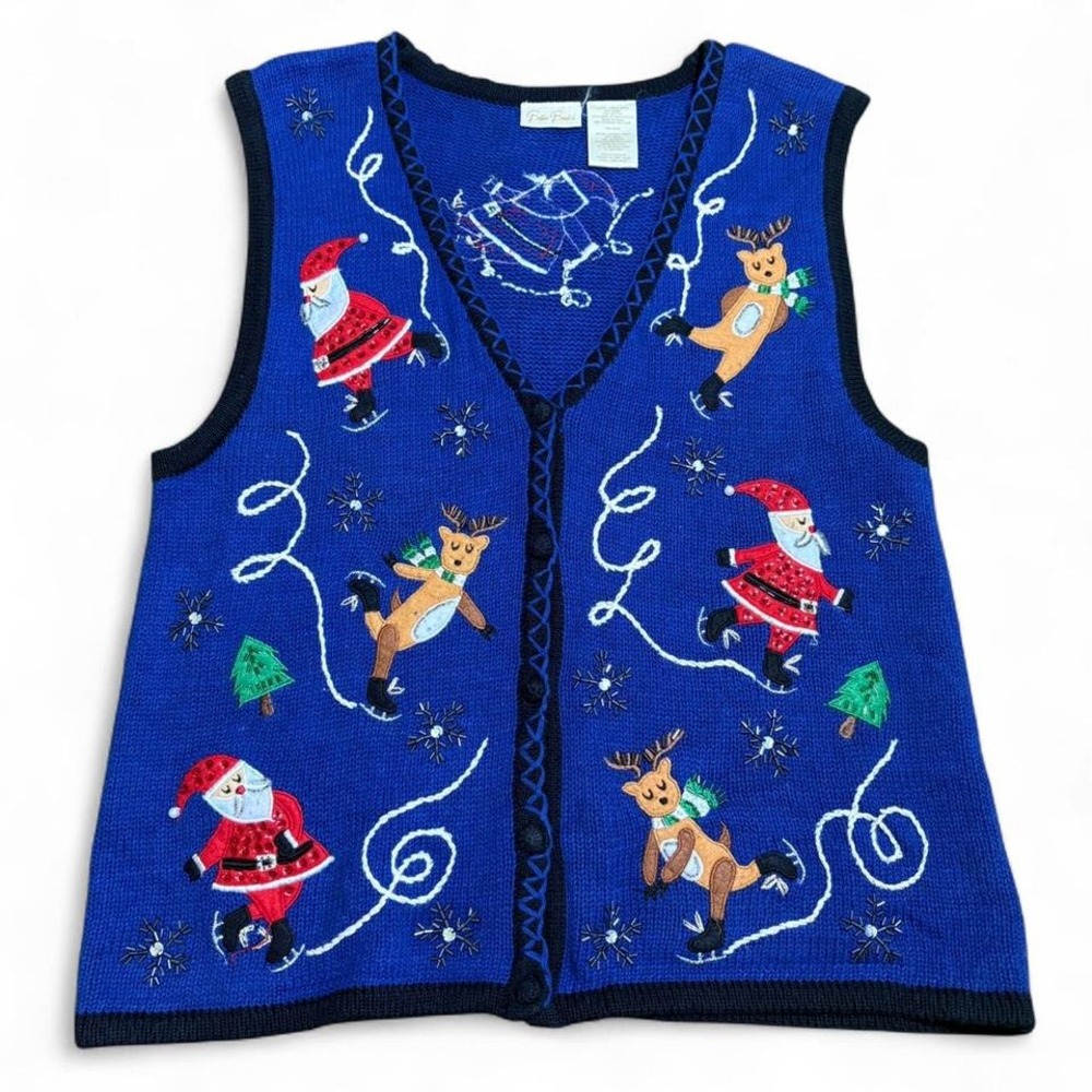 Vtg Bobbie Brooks Large Christmas Holiday Embroidered Vest Micro Knitted Grandma